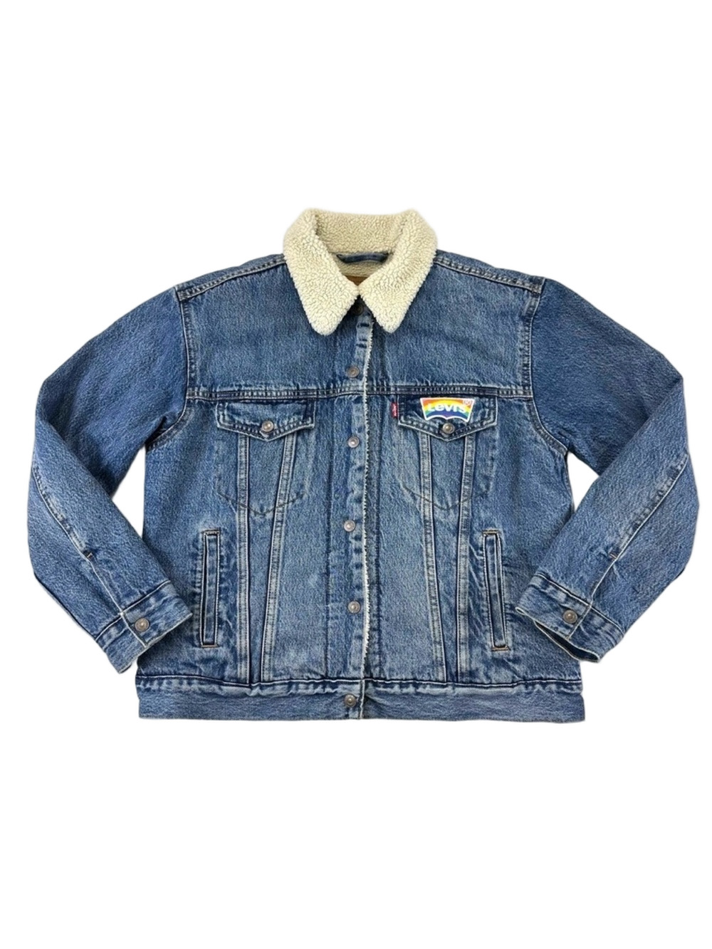 Levis ExBoyfriend Sherpa Trucker Jackets Womens Large Rainbow patch Denim Pride